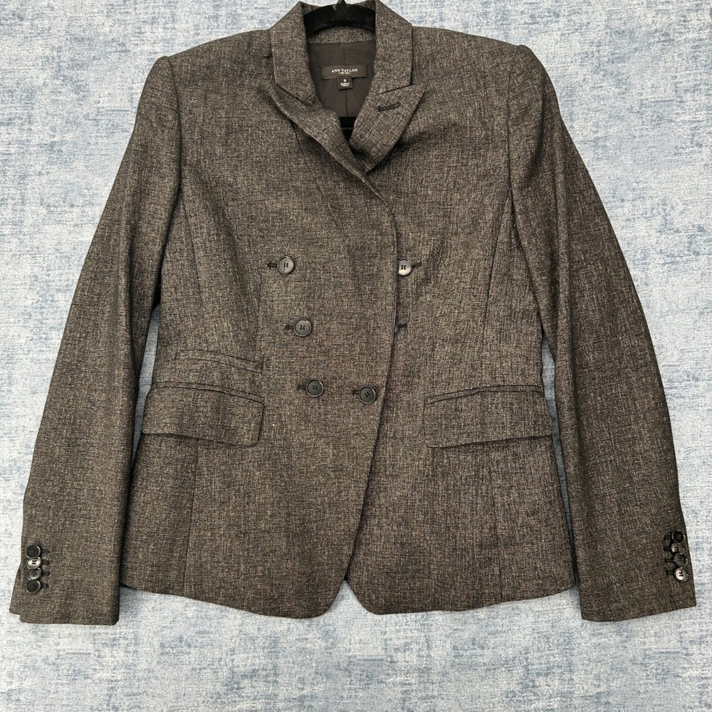 Ann Taylor Blazer Wool Blend Double Breasted Brown Tweed Jacket Size 6